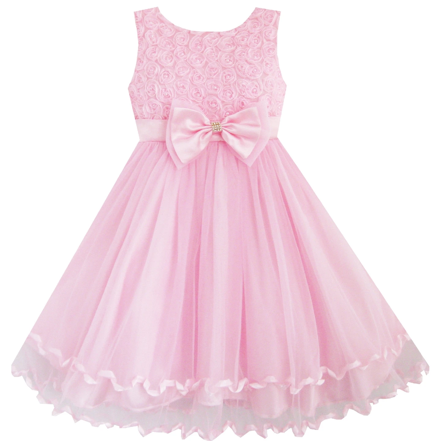 Flower Girl Dress Pink Rose Bow Tie Belt Wedding Birthday Party Kids Clothes Summer Princess Dresses Pageant | Детская одежда и