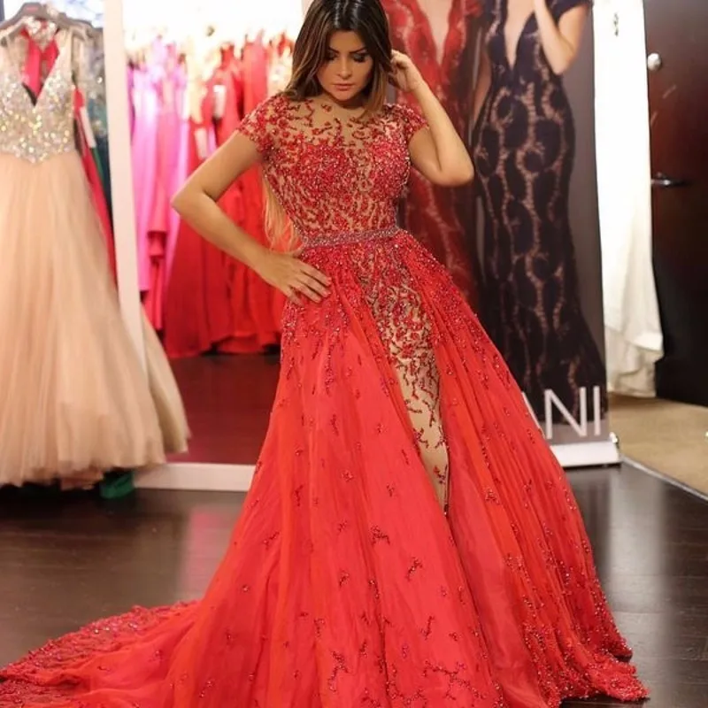 Роскошные арбуз пром платья со съемной юбка see through вечернее платье из бисера