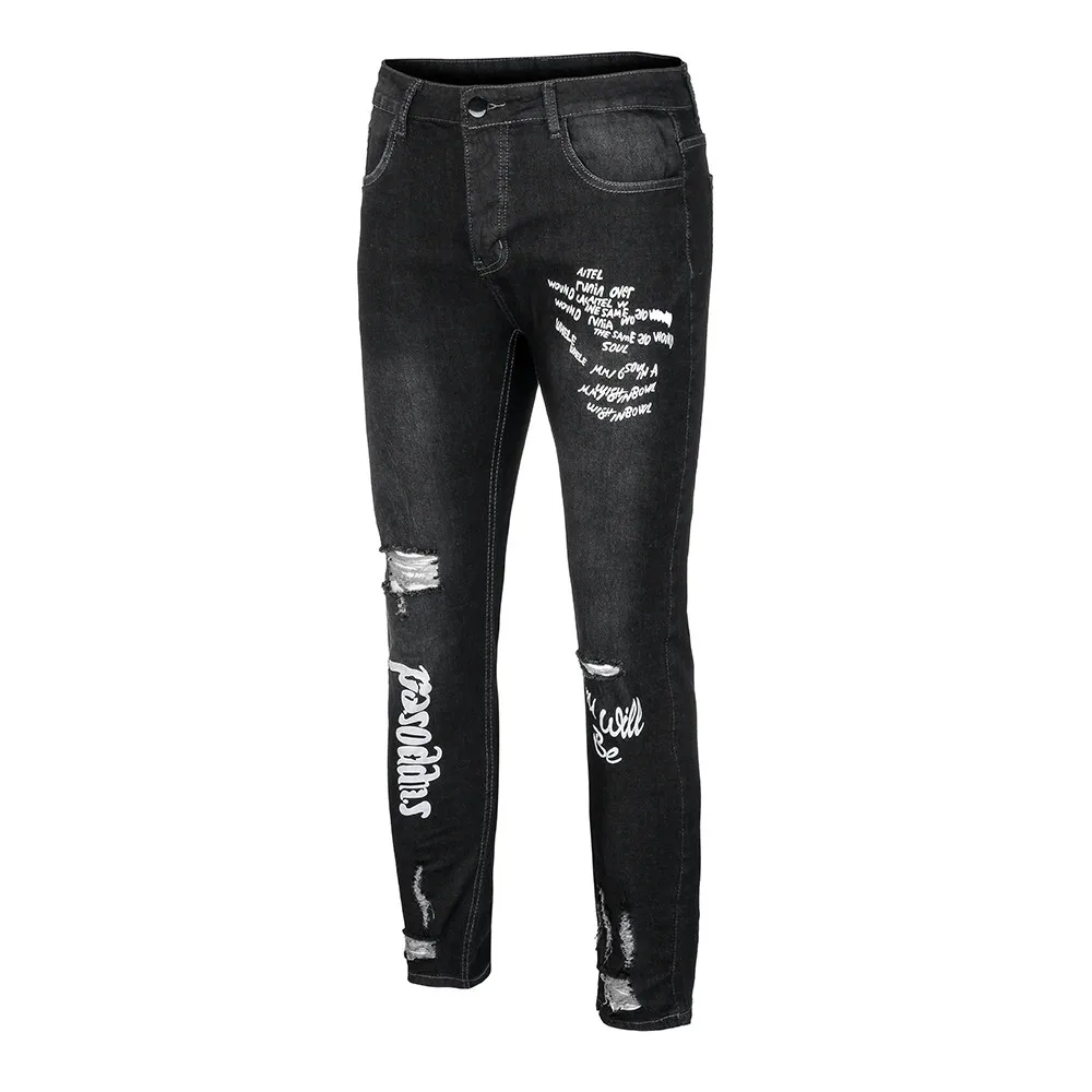 Для мужчин черный Slim Fit эластичная обувь с отверстиями напечатайте брюки с буквами модные джинсы мужские брюки мужские джинсы прямые ковбойский стиль 10