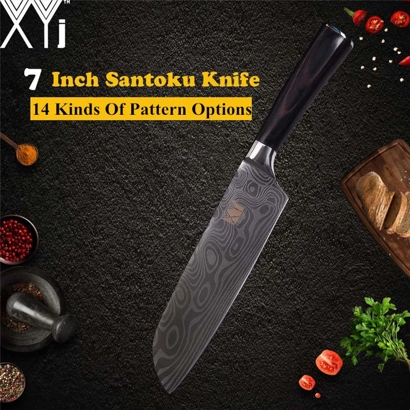 XYj 7 дюймов Santoku Нержавеющая сталь Ножи Sharp 7cr17 нож из дамасской стали вен ножи