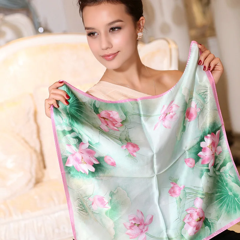 

[BYSIFA] Small Facecloth Women Silk Scarf Chinese Lotus 100% Pure Silk Satin Scarves Female Summer Green Pink Small Square Scarf