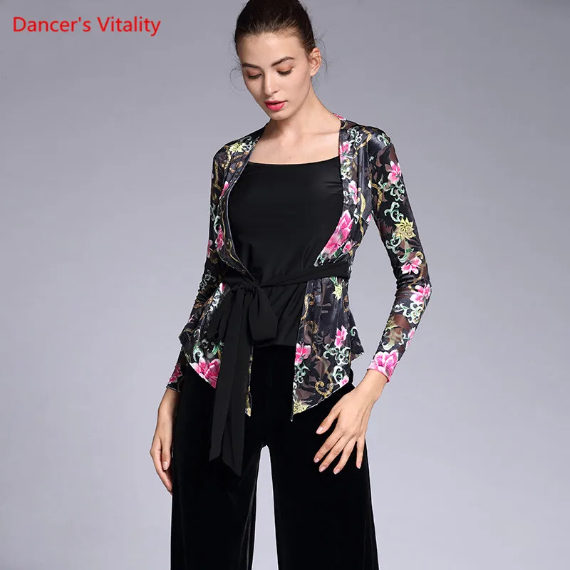 New Women Ballroom Dance Tops Adult Female Long Sleeved Printing Lady's Latin Waltz square Practice Costumes | Тематическая