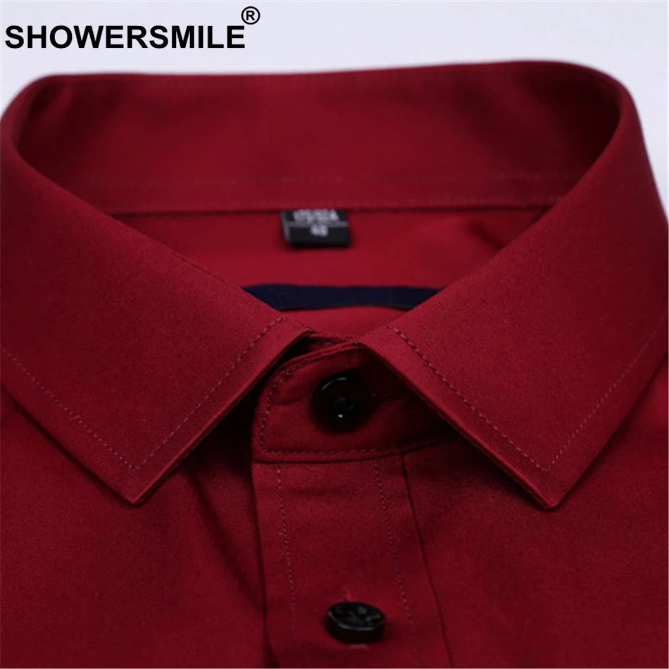 SHOWERSMILE, бордовая Мужская рубашка с длинным рукавом, летние официальные рубашки для мужчин, рубашка из бамбукового волокна, приталенная, 4xl размера плюс, одежда