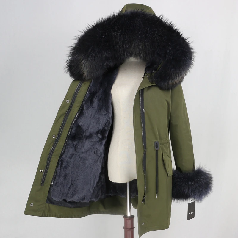 green grey grey OFTBUY, водонепроницаемая парка, зимняя куртка, Женское пальто с натуральным мехом енота, воротник с манжетами, подкладка из кроличьего меха, роскошный бренд - Цвет: green grey grey