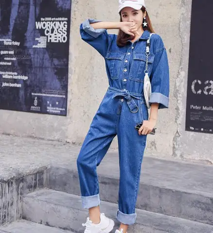 Женский джинсовый комбинезон, модный джинсовый комбинезон в уличном стиле с длинным рукавом и высокой талией, Облегающий комбинезон с широкими штанинами на поясе, осень 2020