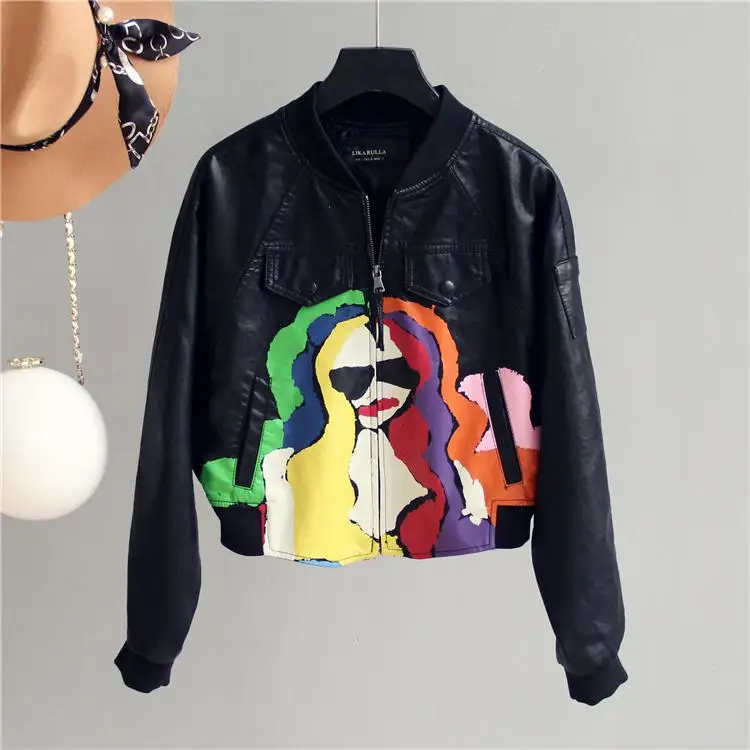 Черный FTLZZ Autumn Women Pu Leather Jacket New Print Zippers Pockets Black Color Short Coat Female Faux Leather Jackets - Цвет: Черный