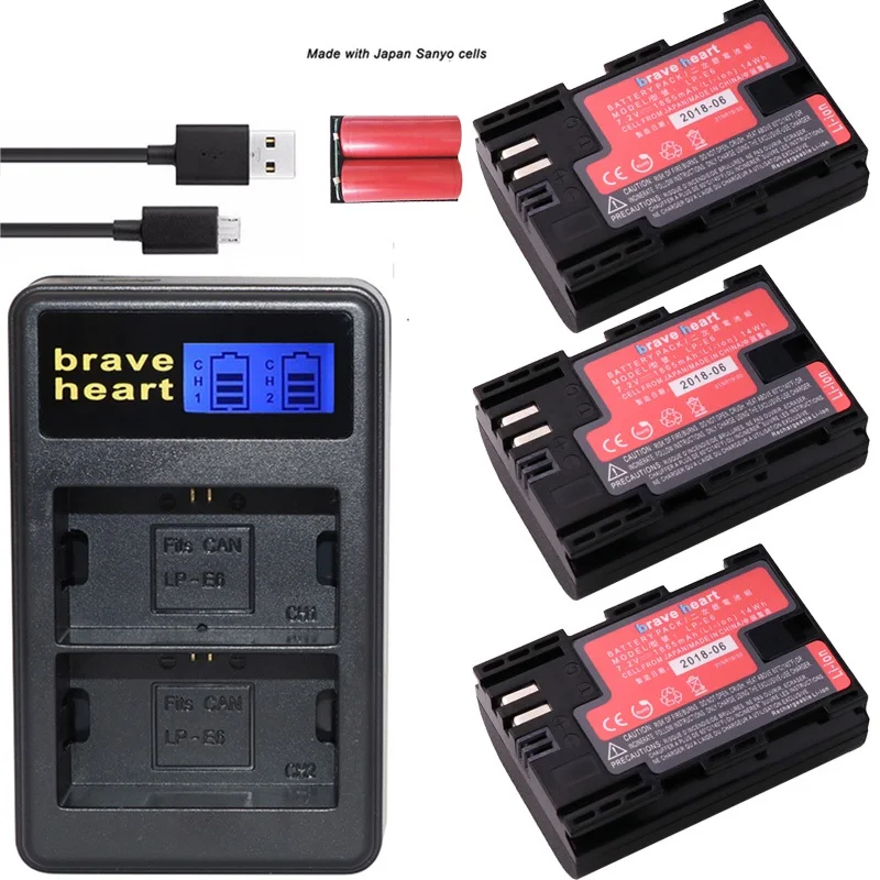 charger and 3battery Bateria LP-E6 LP E6 LPE6N батарея камеры Япония Sanyo сотовый+ светодиодный USB двойной зарядное устройство для Canon EOS 5DS R 5D Mark II 5D 6D 7D 80D - Цвет: charger and 3battery