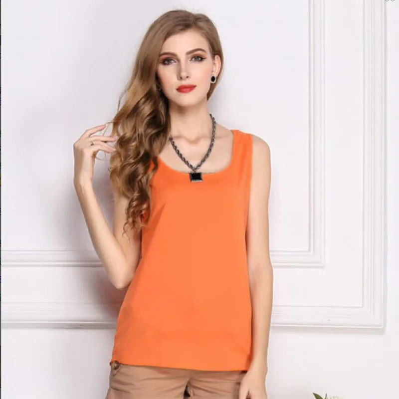 Женская шифоновая блузка без рукавов летняя однотонная с круглым вырезом летние
