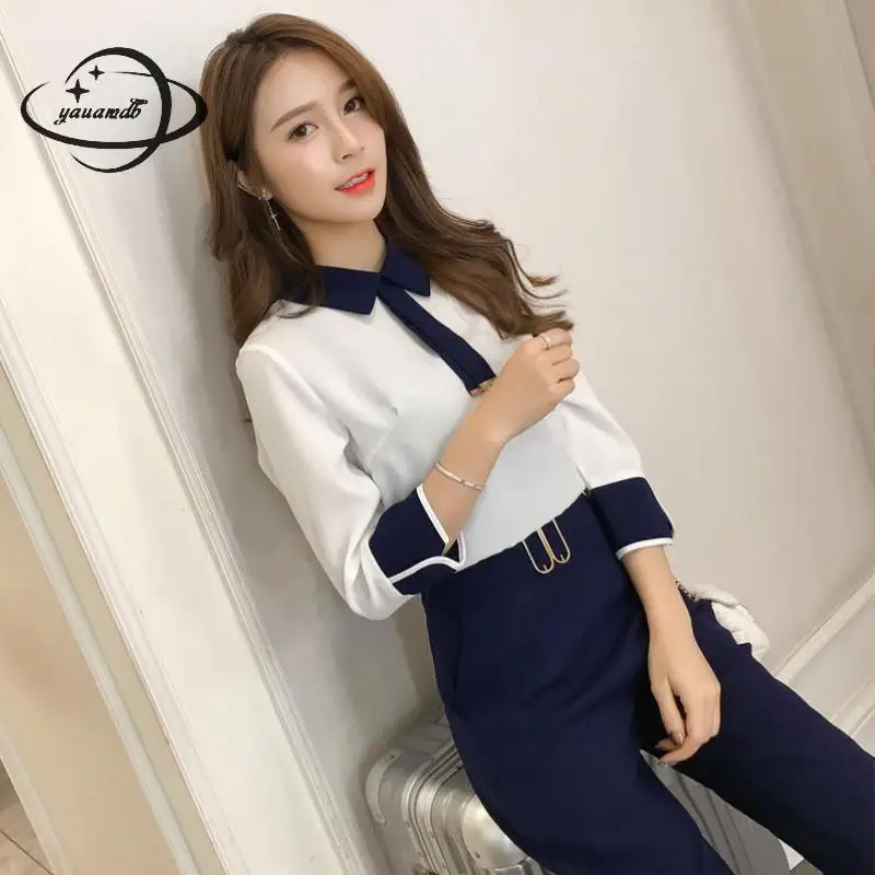 

Yauamdb Women Set Autumn Spring S-XL Cotton Female Suits Shirt+Pants 2pcs Pullover Three Quarter Office Ladies Clothes 74