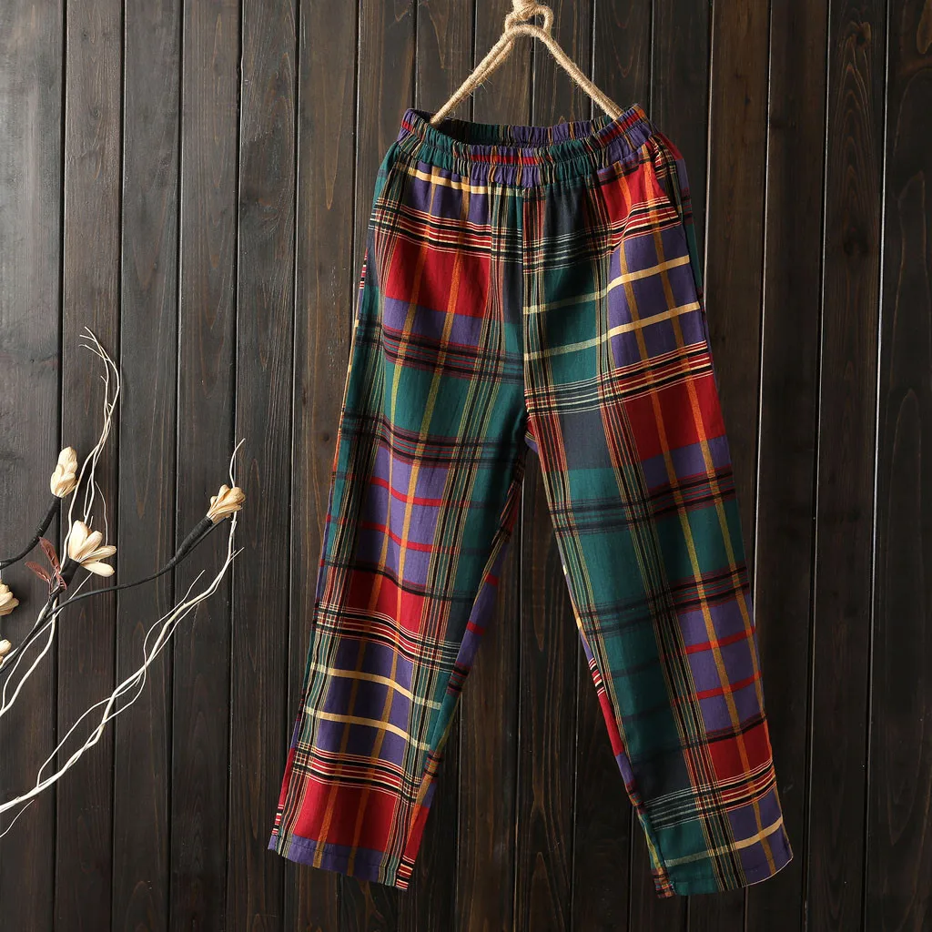 Женские брюки из хлопка и льна винтажные клетчатые свободные с высокой талией