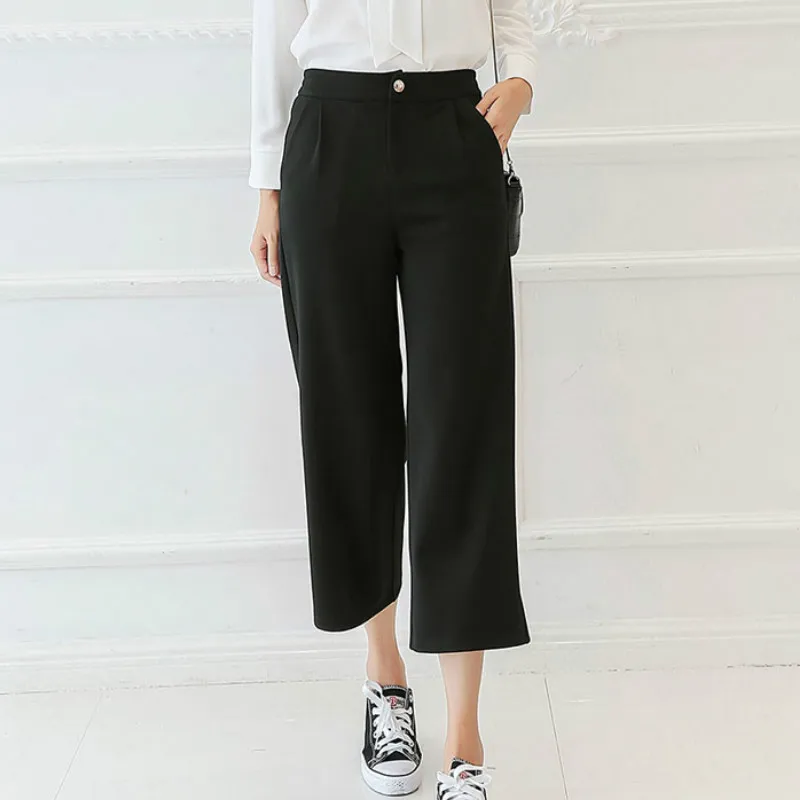 Женские широкие брюки pantalon черные повседневные с высокой талией в Корейском