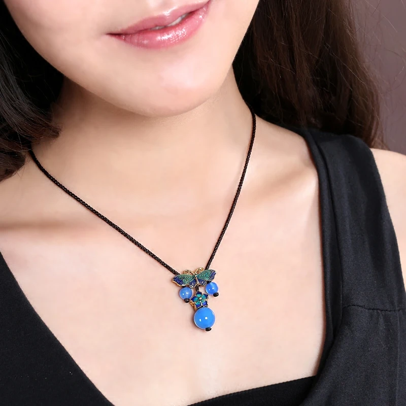 Ethnic style necklace female clavicle chain agate cloisonne pendant blue simple jewelry accessories wild short | Украшения и