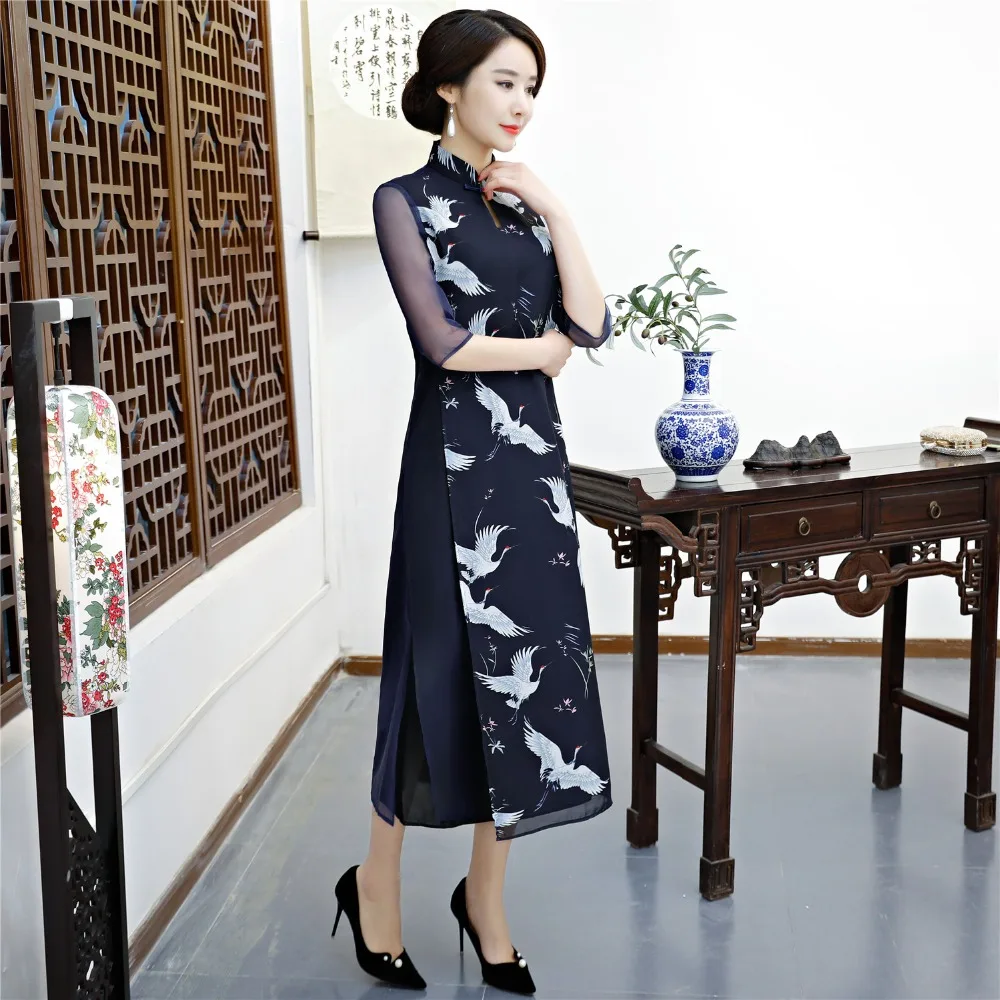 Шанхай история комплект из 2 предметов Qipao длинное китайское платье шифон Восточный стиль платье Ципао с коротким рукавом для женщин