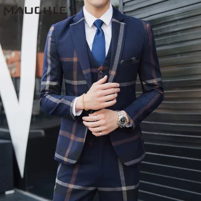Mens Designer Suits 3 Pieces ( Jacket + Vest + Pants ) Party Suits Slim Fit 5XL Plus Size Navy Blue Plaid Men Stage Suits 2018
