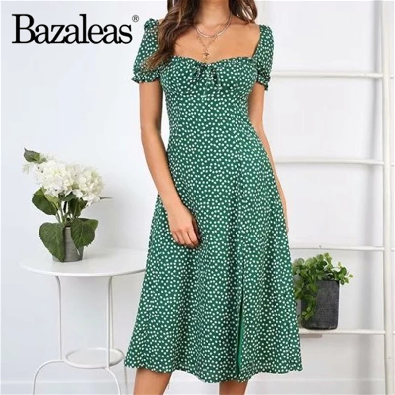 Slim vestidos Green Floral Print Midi Dress Bust Bow Tie summer Vintage Lantern Sleeve women dresses Drop ship | Женская одежда