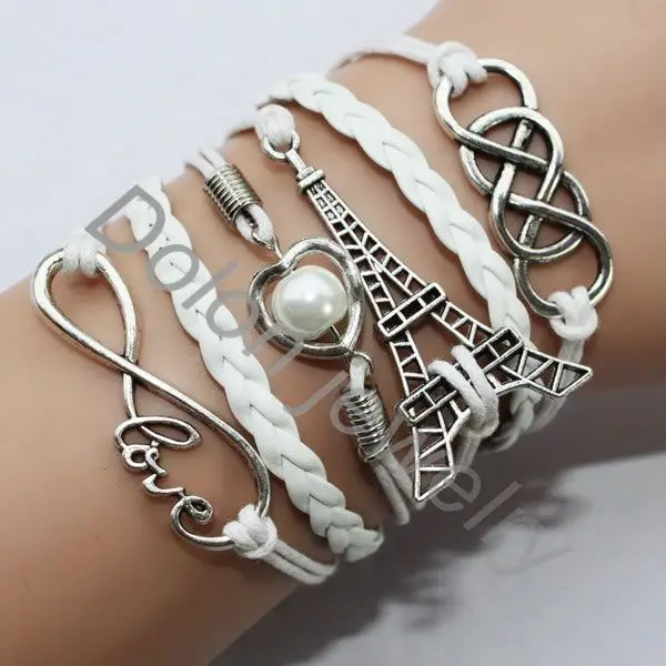 Тибетский серебряный многослойный сочетанный кожаный браслет с подвесками Бесконечность/Башня/Жемчужное сердце Ювелирные изделия.