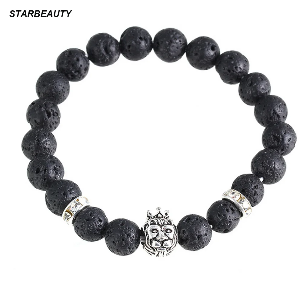 Естественное выветривание мужской браслет 8 мм Лава каменная голова льва с