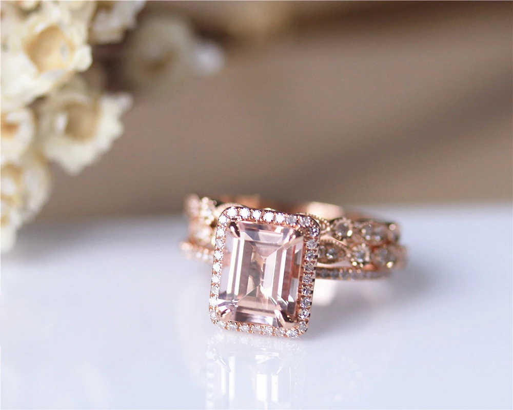 DUPUY VS 7*9mm Emerald Cut Morganite Engagement Ring Set Art Deco Half Eternity Diamond Wedding 3pcs 14K Rose Gold | Украшения и
