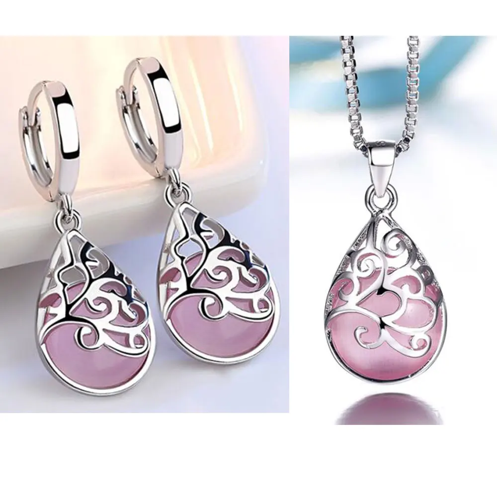 Pink (box chain) Anenjery горячая Распродажа 925 пробы серебряные Ювелирные наборы лунный камень опал слезы тотемные серьги ожерелье наборы для женщин S-N83 S-E321 - Окраска металла: Pink (box chain)