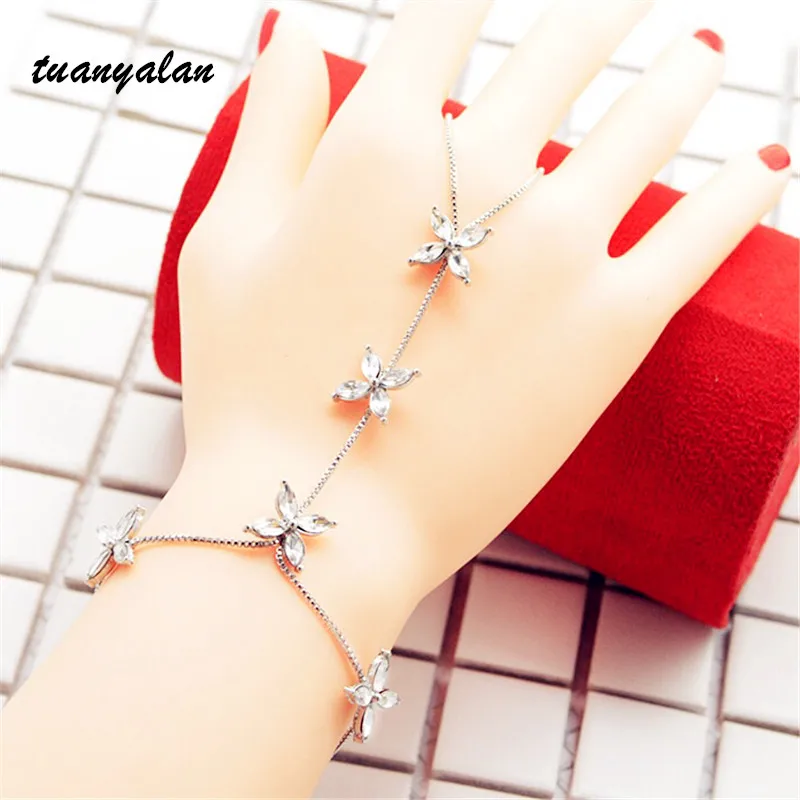 Новинка, Pulsera con anillo, модный браслет из цепочки, капля, Серебряный Кристалл, цветок, для женщин, металлическая рука, портупея цепь, Невольничий палец, кольцо B