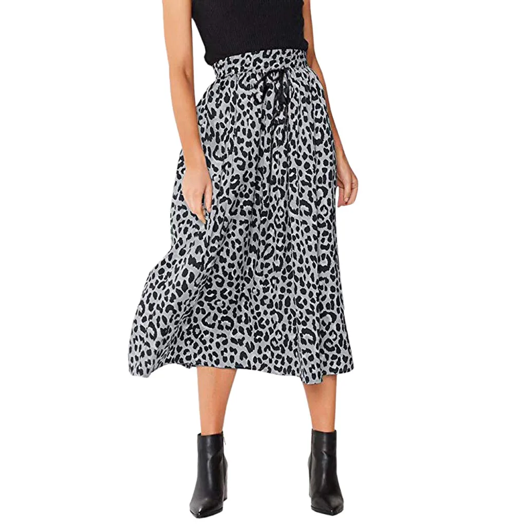 Макси платья для женщин юбка 2019 леопардовая расцветка шнурок плиссированная