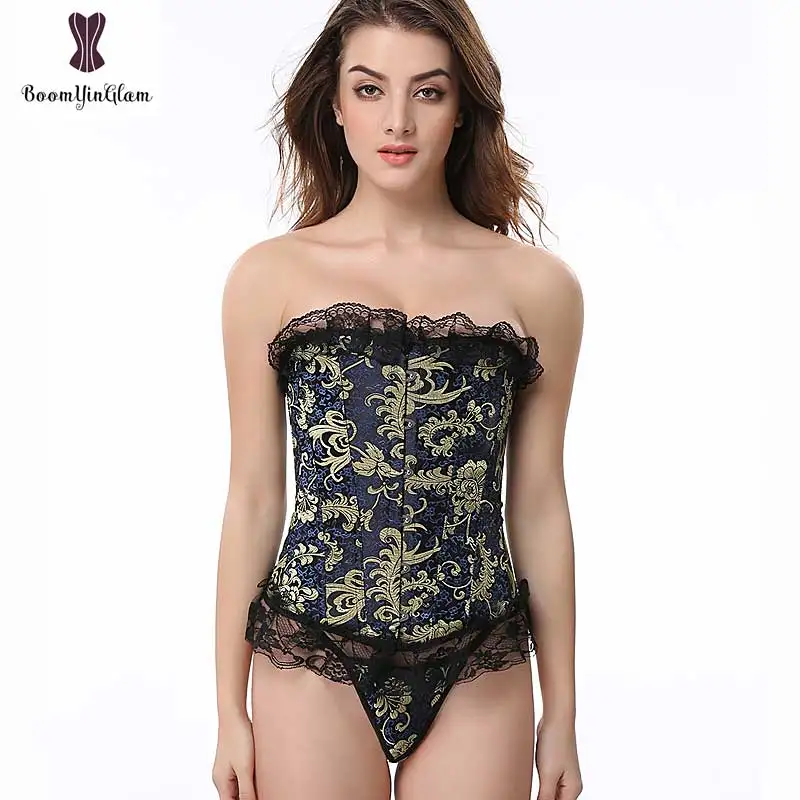 Lace Up Gold Corset Overbust Plus Size Corsets Elastic Bone Waist Slimming Cincher Sexy Outfit Front Clasp Bustier Floral Korset|Бюстье и