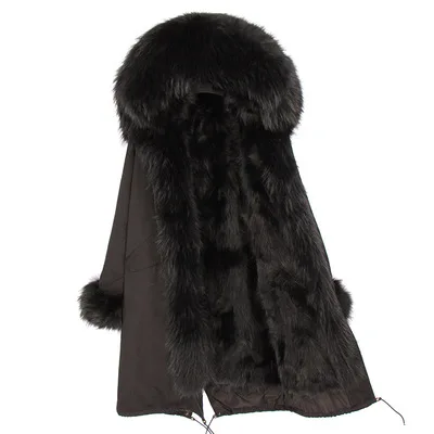 all black Пальто с натуральным мехом, зимняя куртка, Женская длинная парка, большой воротник из натурального меха енота, капюшон, подкладка из лисьего меха, пальто, теплая корейская мода - Цвет: all black