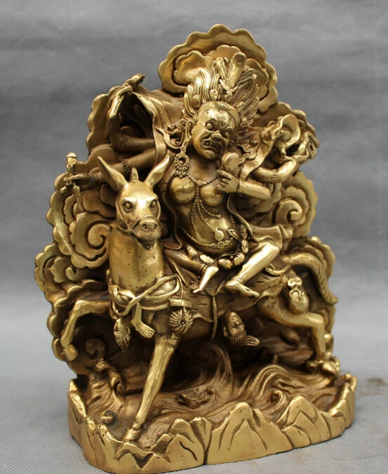 song voge gem S2488 8&quot Tibet Brass Buddhism Protect Deity 4 Arms Mahakala Buddha Ride Horse Statue | Дом и сад