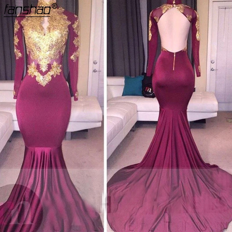 

Purple Muslim Mermaid Evening Dresses High Collar Long Sleeves Lace Islamic Dubai Saudi Arabic Long Evening Gown Prom-in Ev