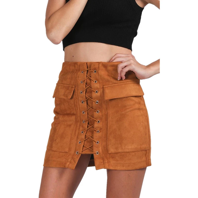 2016 Autumn Winter New Elegant Sexy 90's Vintage Bodycon Suede Leather Pocket Lace Up High Waisted Women Mini Short Pencil Skirt | Женская