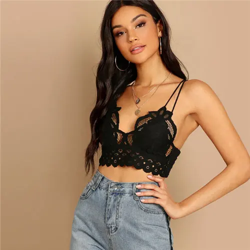 SHEIN черный кружевной топ с перекрестными бретельками на спине, женские летние топы, сексуальный облегающий топ с открытой спиной на тонких бретельках - Цвет: Черный