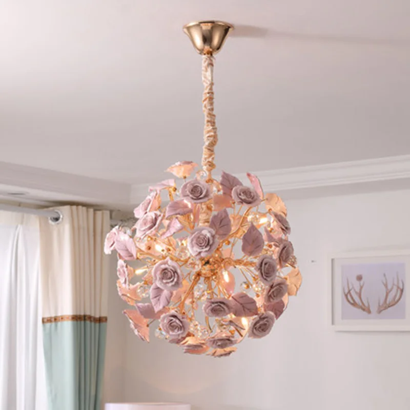 

French pastoralism style Crystal Pendant Lights romantic ceramic flowers hanging lamps Art Deco living room bedroom LED lights