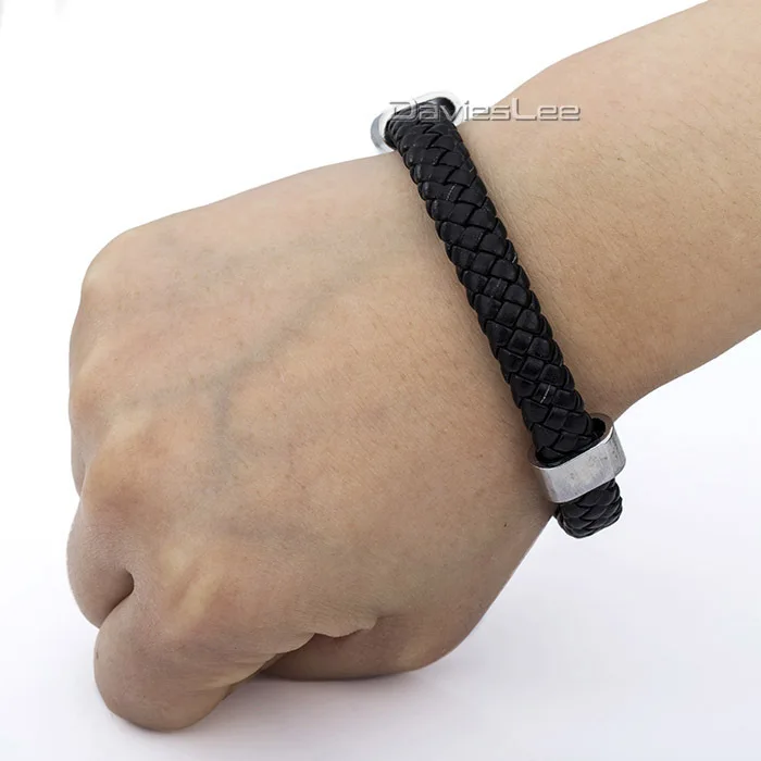 Браслет из черной плетеной кожи с застежкой нержавеющей стали для мужчин и