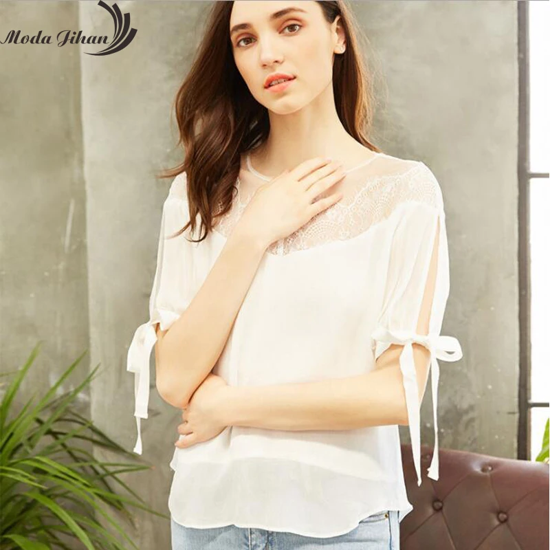 Женская шифоновая рубашка Moda Jihan элегантная летняя кружевная блузка с завязками