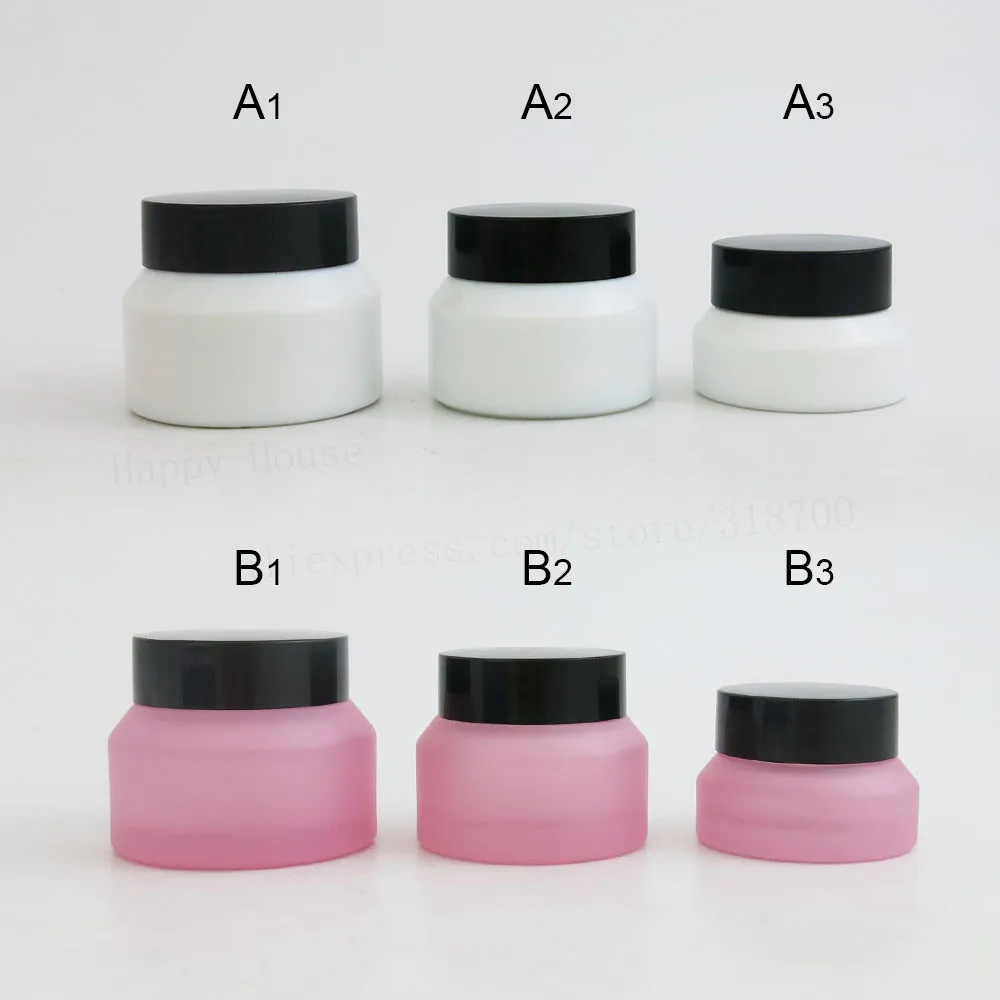 

12 x 15g 30g 50g Frost Pink White Inclined Shoulder Glass Jar with PP Black Lids and Seal Cosmetic Packaging Container Skin Care
