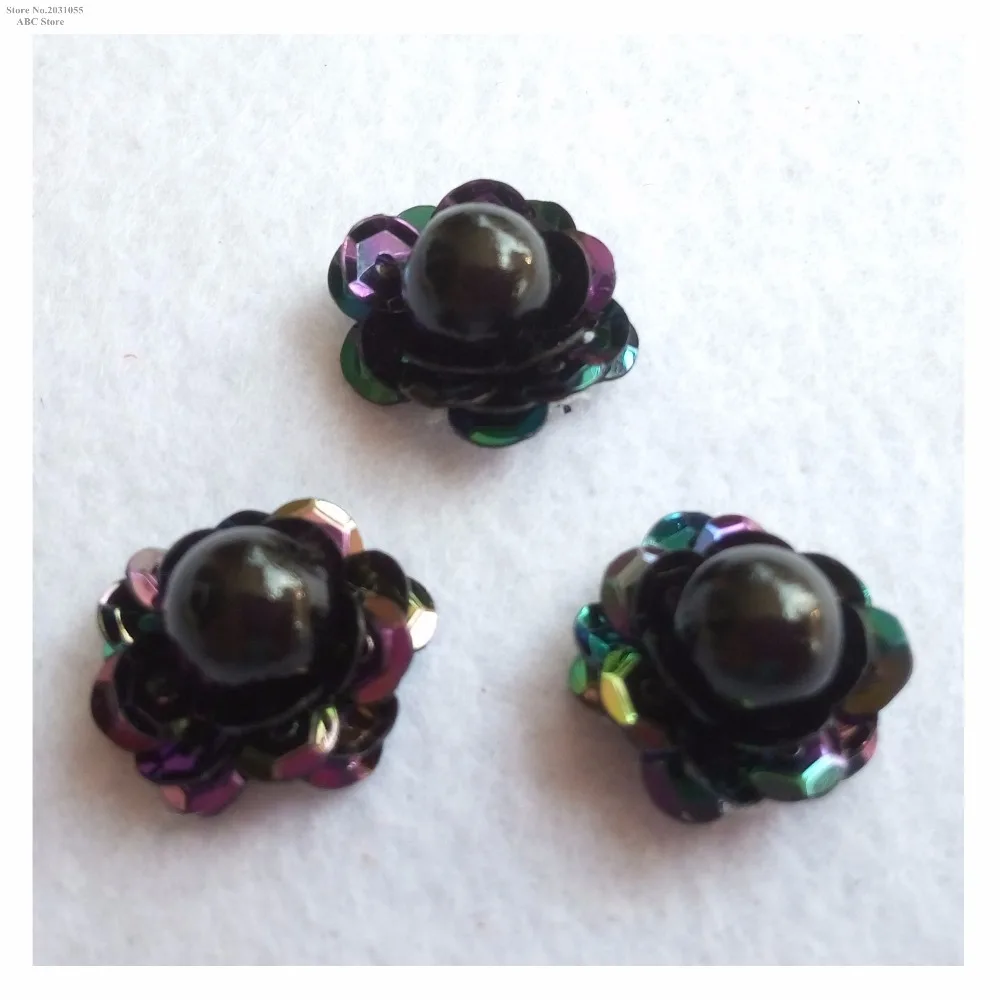 New 3D Black Sparkling Padded Sequined Bead Faux Pearl Flower Appliques Patches Costume Wedding Decoration x 15pcs/lot TBNC125C | Дом и сад