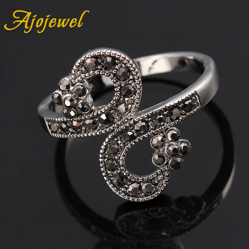 Женское Винтажное кольцо Ajojewel черное с двойным цветком стразы|Кольца| |