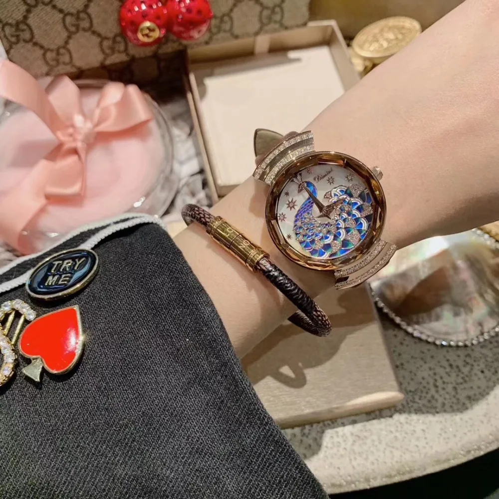 Часы женские кварцевые с эмалью павлином ручной работы водонепроницаемые -