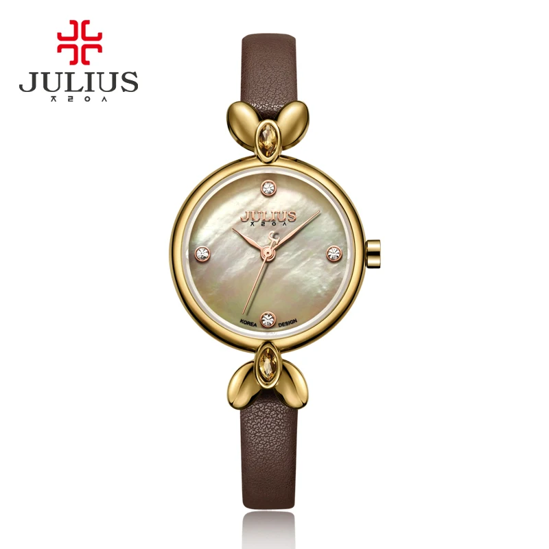 Элегантные женские часы Julius тонкие с кожаным ремешком кварцевые кристаллами