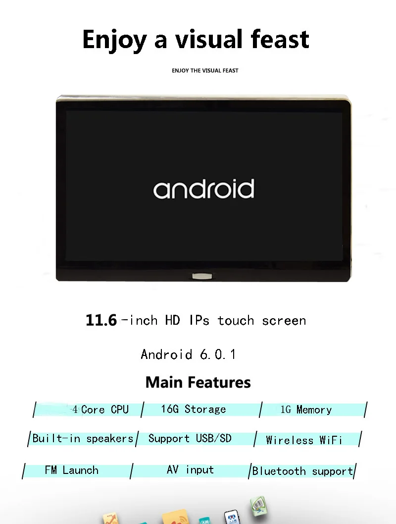 Cemicen 11,6 дюймов Android 6,0 Автомобильный монитор на подголовник HD 1080P видео ips сенсорный экран 3g/wifi/USB/SD/HDMI/IR/FM/Bluetooth/динамик