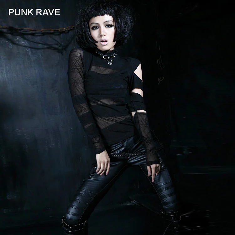 Женская Черная футболка с длинным рукавом вырезами готический стиль хип