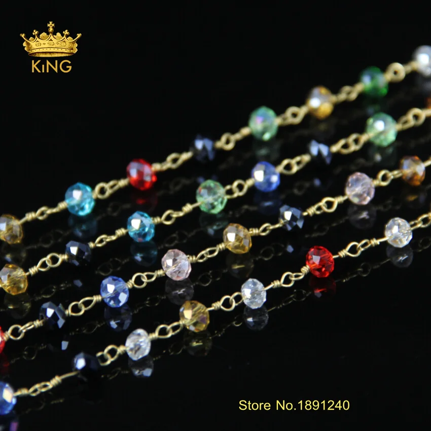 

5Meter Colorful Glass Faceted Rondelle Beads,Plated Gold Rosary Style Chain Necklace Bracelet JD090