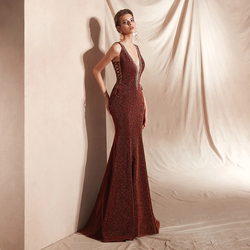 Платье-Русалочка Forevergracedress темно-красное вечернее платье с глубоким вырезом и