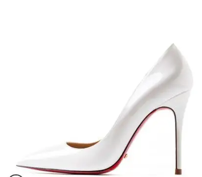 white 10cm Туфли с красной подошвой; женские пикантные туфли-лодочки; туфли из натуральной кожи на высоком каблуке; свадебные туфли на тонком каблуке с красной подошвой и острым носком; вечерние туфли из органической кожи - Цвет: white 10cm