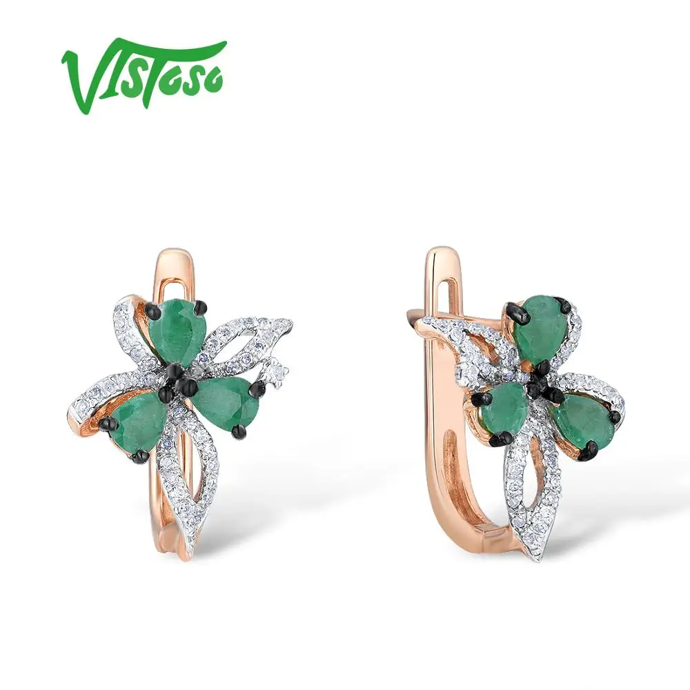 VISTOSO 14K 585 серьги с бантами из розового золота для женщин Гламурные элегантные изумрудные сверкающие бриллианты Гламурные трендовые ювелирные изделия