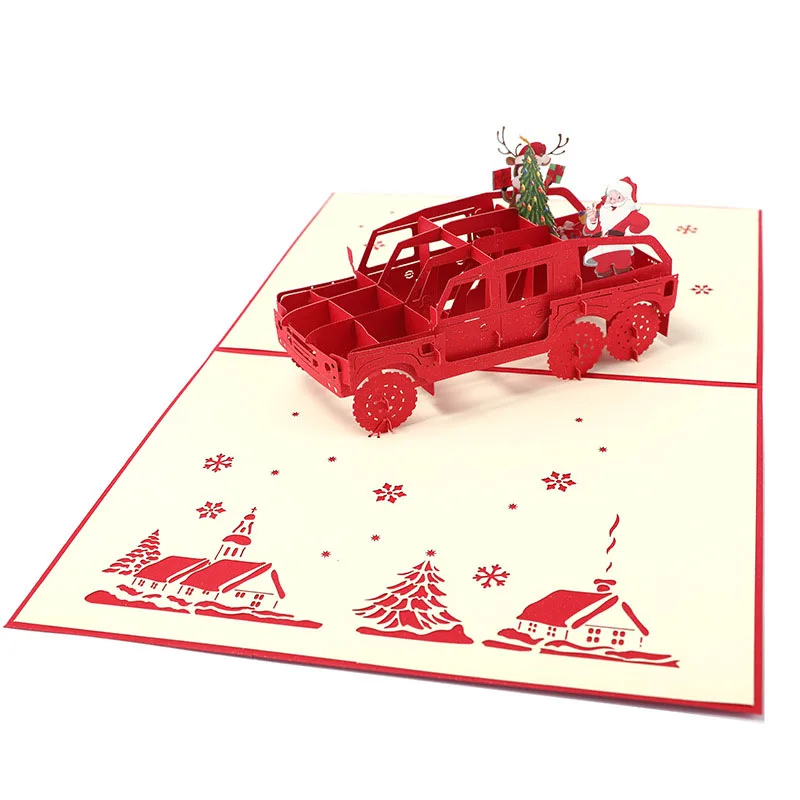 3D Handmade 2019 Christmas Elk Santa Claus Red Car Paper Invitation Greeting Cards PostCard New Year Relative Friends Kids Gift |