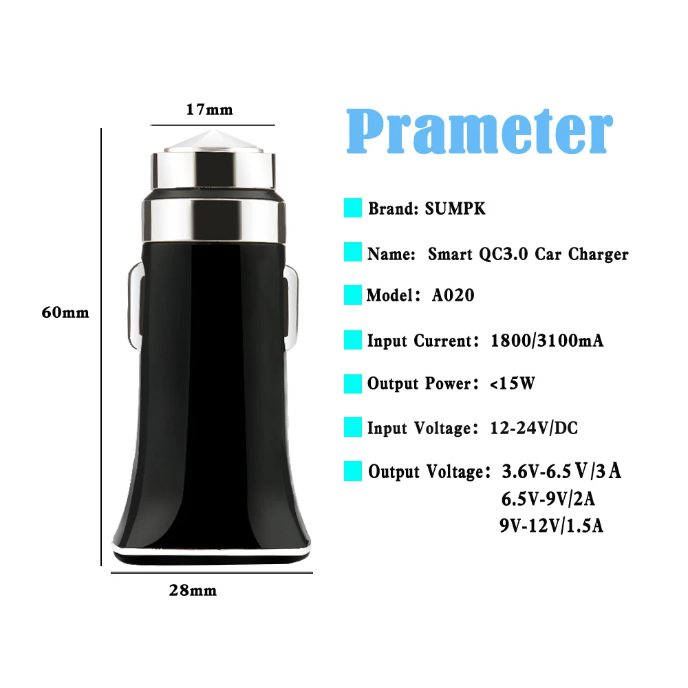 SUMPK быстрое автомобильное зарядное устройство 5V/3A USB 9V/2A 12V/1.5A быстрой зарядки