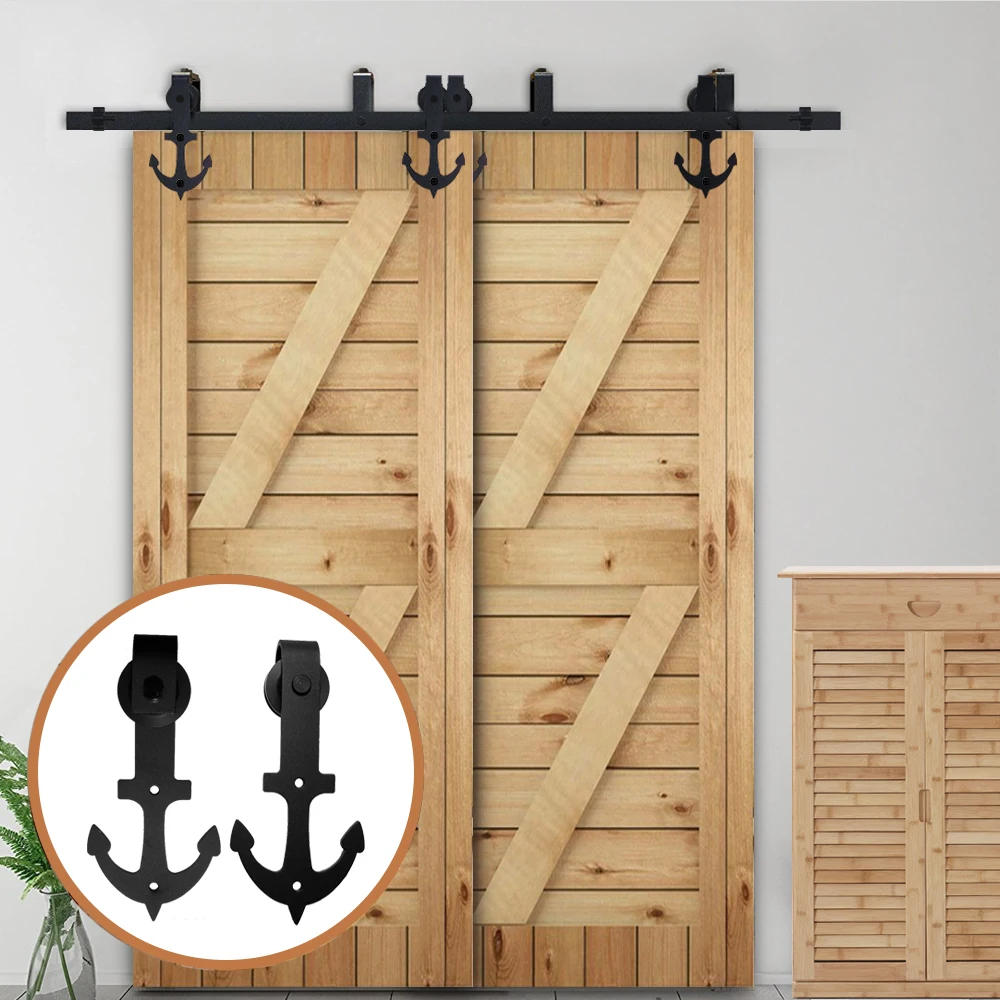 

LWZH Sliding Wood Door Bypass Sliding Barn Door Hardware Kit Black Steel Anchor Shaped Track Rollers for Interior Double Door