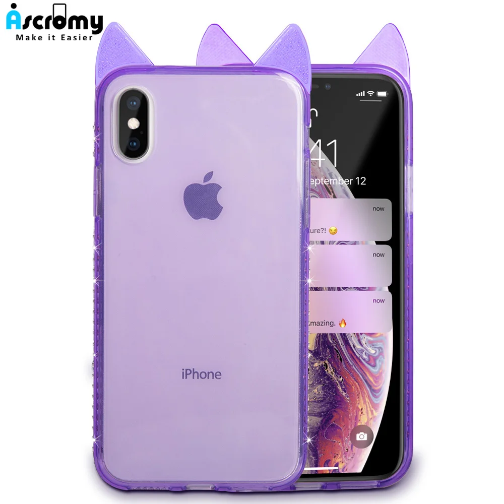 Роскошный блестящий чехол Ascromy с кошачьими ушками для iPhone XS Max XR X 8 7 6 6S Plus мягкая