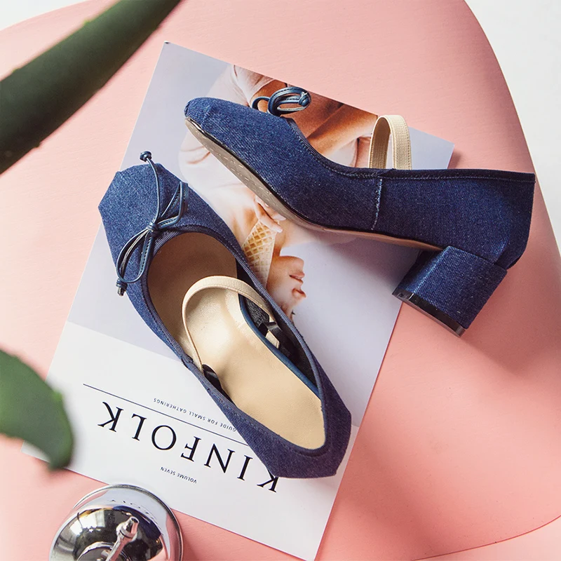 Мода Джинсовой Ткани (Синий)/Натуральная Кожа (Черный)-Бабочка-узел женская обувь